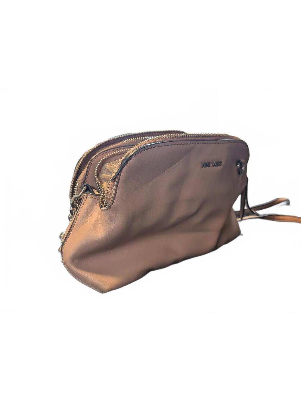 Nine West Tan Beige Crossbody Shoulder Bag Double Zip Silver Chain Accent